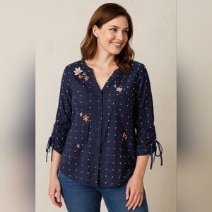 Christopher & Banks Womens Navy Pokadot Blouse With Floral Embroidered - Size M